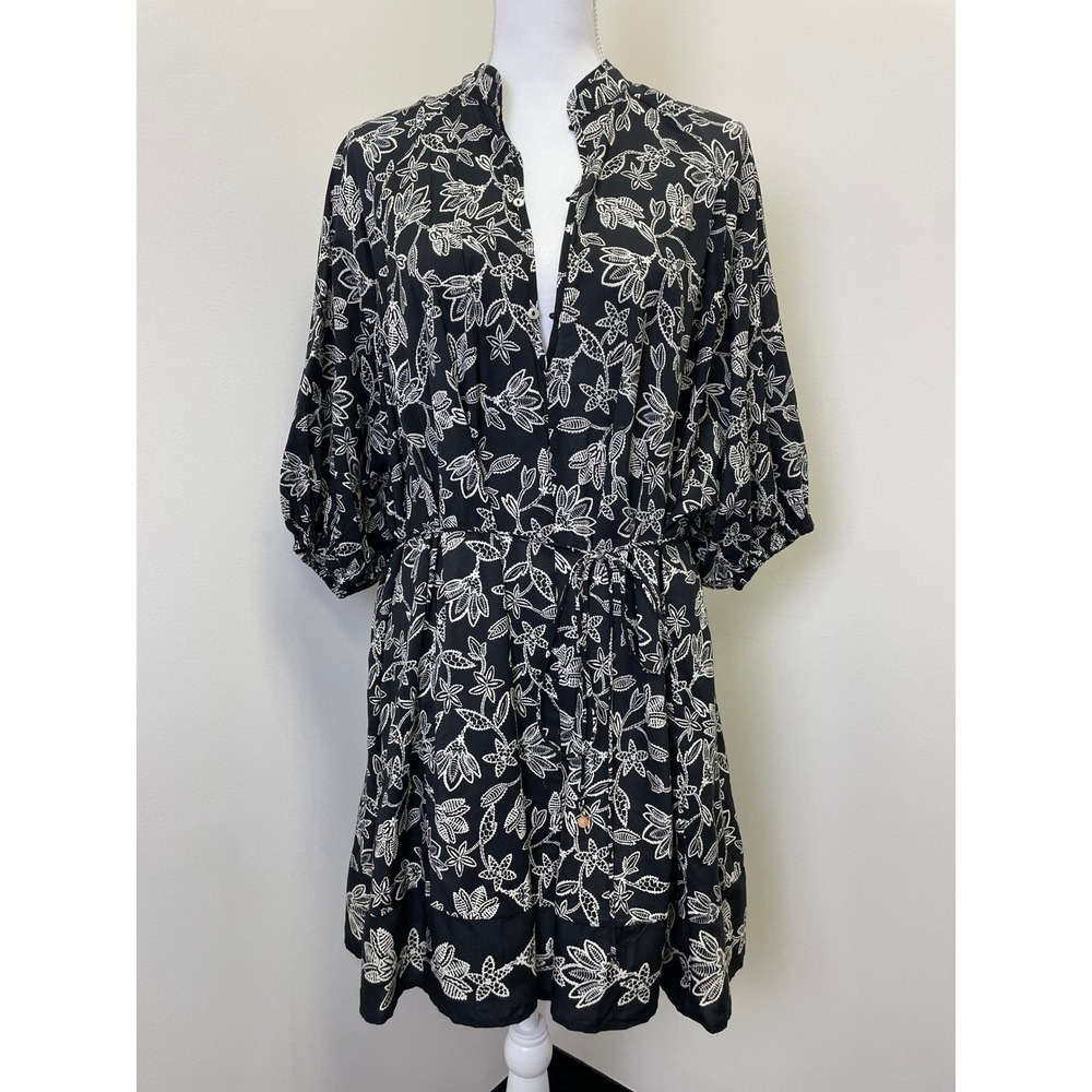 NWT H&M Black White Floral Lace Print Button Front Mini Dress L Balloon Sleeve